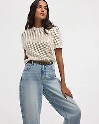 Short-Sleeve Crew-Neck Open-Stitch Pullover