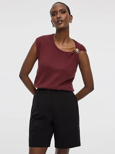 Extended-Sleeve Crew-Neck Sweater with Brooch