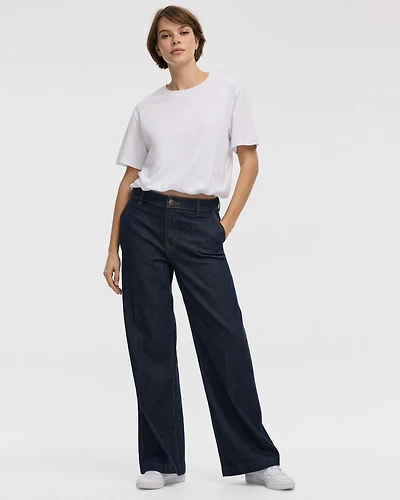 Pantalon en denim à jambe large et taille mi-haute