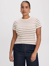 T-shirt ajusté en tricot côtelé rayé à col rond