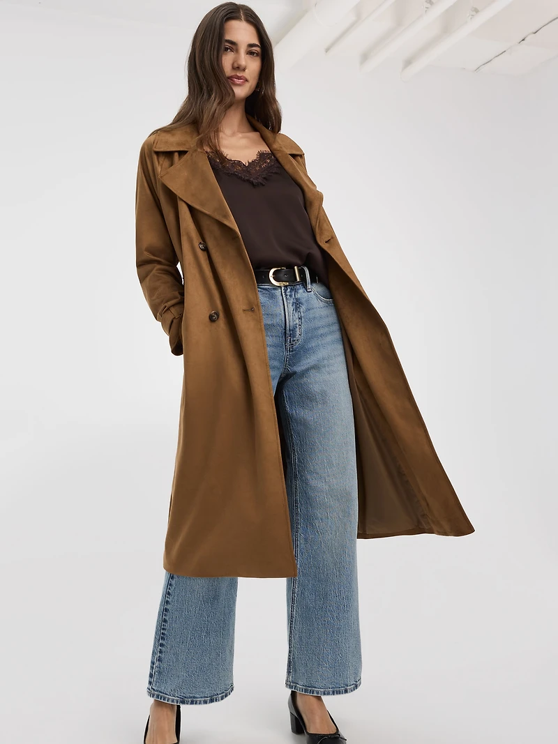 Faux Suede Trench Coat
