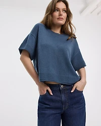 Cashmere-Blend Short-Sleeve Crew-Neck Loose Sweater