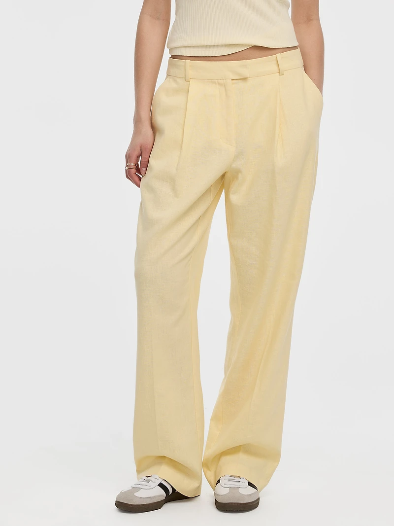 Pantalon en mélange de lin à jambe droite et taille haute