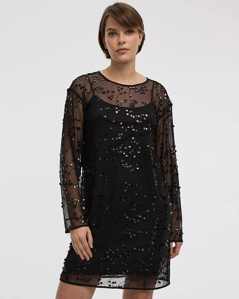 Long-Sleeve Mesh Mini Dress