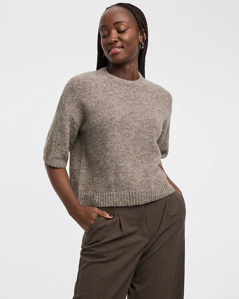 Elbow-Sleeve Crew-Neck Loose Sweater