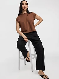 Pantalon en mélange de lin à jambe droite et taille haute