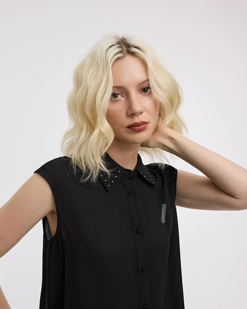 Extended-Sleeve Shirt with Studded Collar