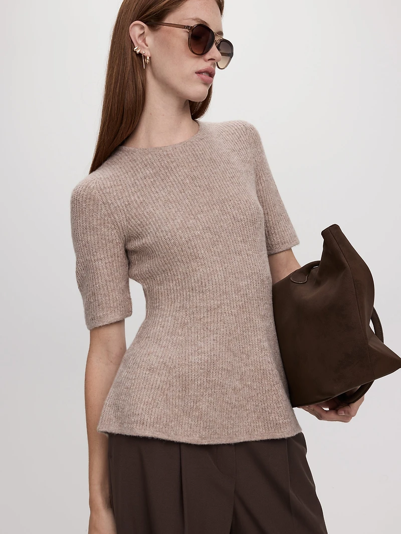 Pull à manches aux coudes et col rond en mailles demi-cardigan