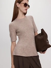 Pull à manches aux coudes et col rond en mailles demi-cardigan