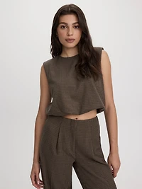 Sleeveless Crew-Neck Blouse with Shoulder Pads