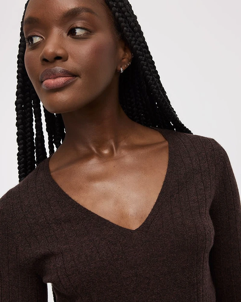 Long-Sleeve V-Neck Pullover with Wide Ribs