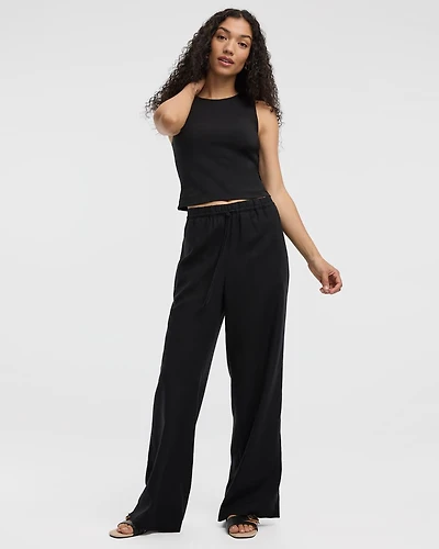 Pantalon en mélange de lin à jambe large et taille haute