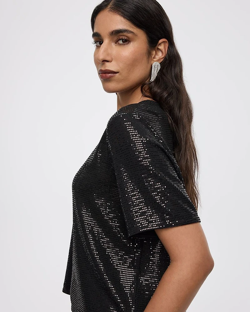 Short-Sleeve Crew-Neck Sequins Top