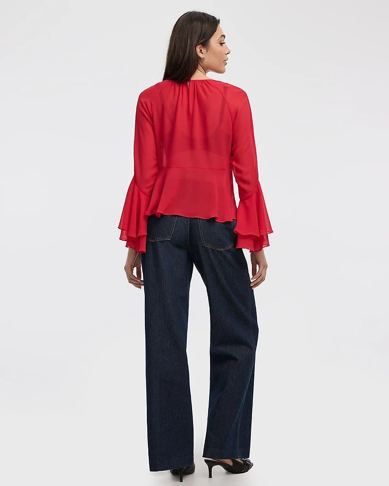 Long-Sleeve Crew-Neck Peplum Blouse