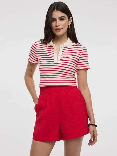 Striped Short-Sleeve Polo Sweater