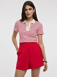 Striped Short-Sleeve Polo Sweater