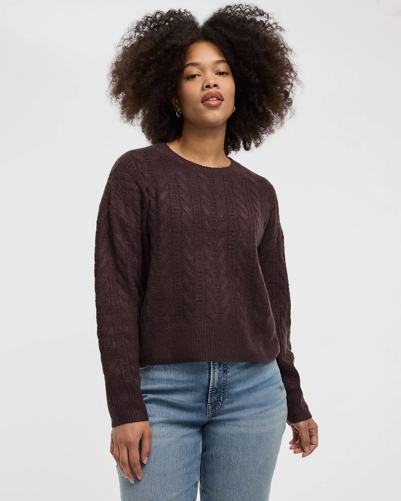 Long-Sleeve Crew-Neck Pullover with Cable Stitches