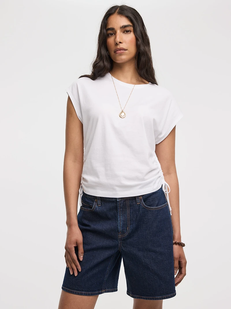 Extended-Sleeve Shirred Tee with Drawstrings