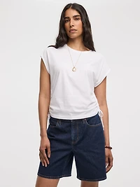 Extended-Sleeve Shirred Tee with Drawstrings