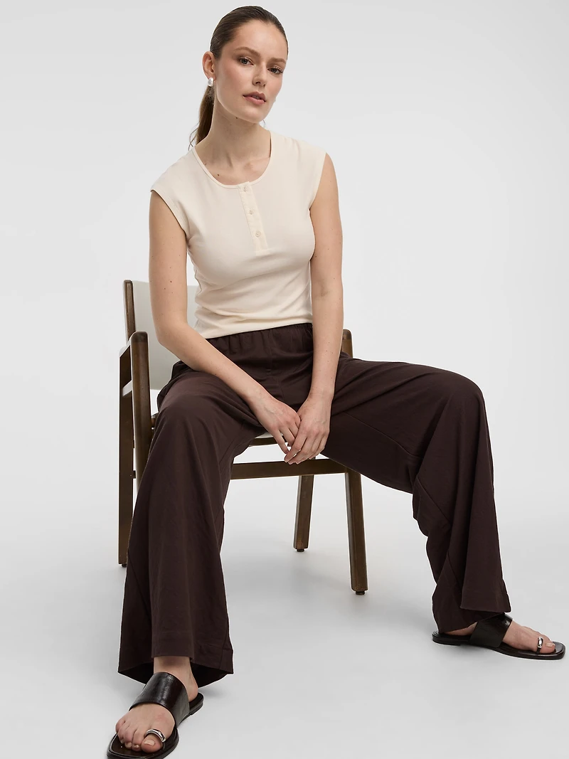 Pantalon à enfiler jambe large et taille haute en tricot piqué