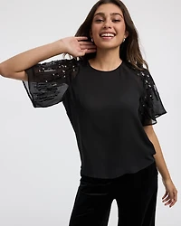 Crew-Neck Loose Blouse with Sequin Short Sleeves