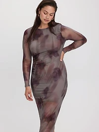 Long-Sleeve Mesh Midi Dress with Side Shirrings