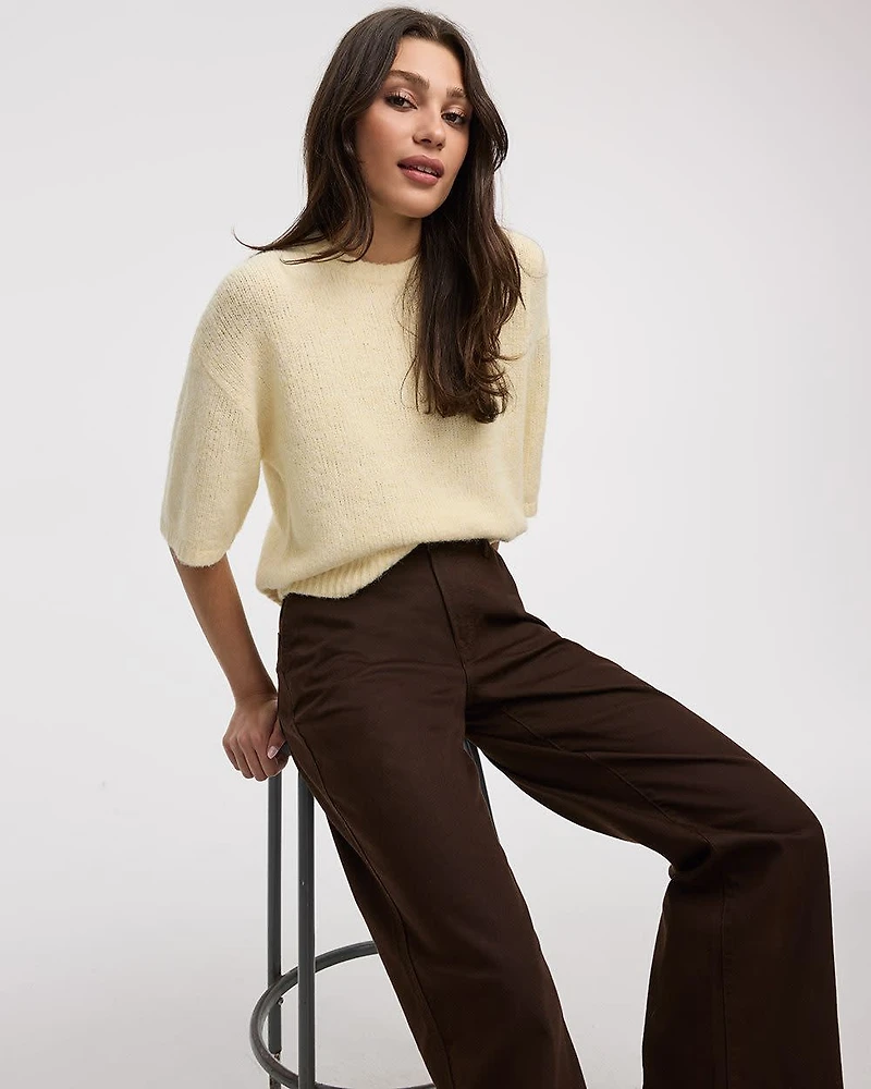 Elbow-Sleeve Crew-Neck Loose Sweater