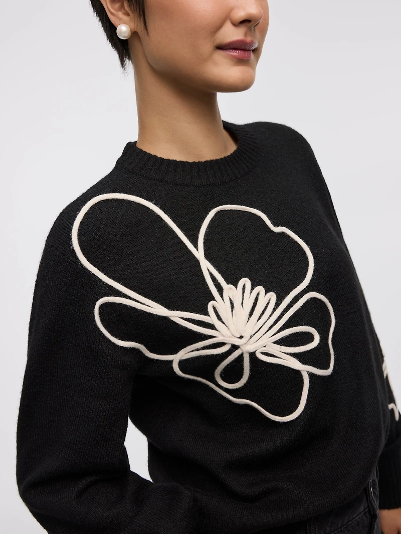 Long-Sleeve Crew-Neck Sweater with Soutache Flowers