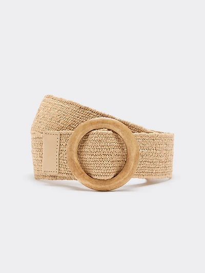 Elastic Straw Belt with Round Wooden Buckle