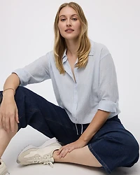 Seersucker Long-Sleeve Buttoned-Down Blouse