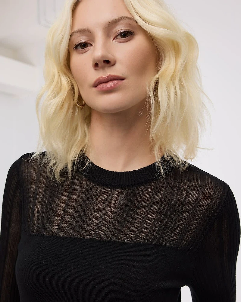 Long-Sleeve Crew-Neck Sweater with Sheer Yoke