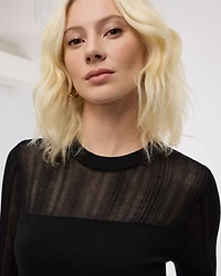 Long-Sleeve Crew-Neck Sweater with Sheer Yoke