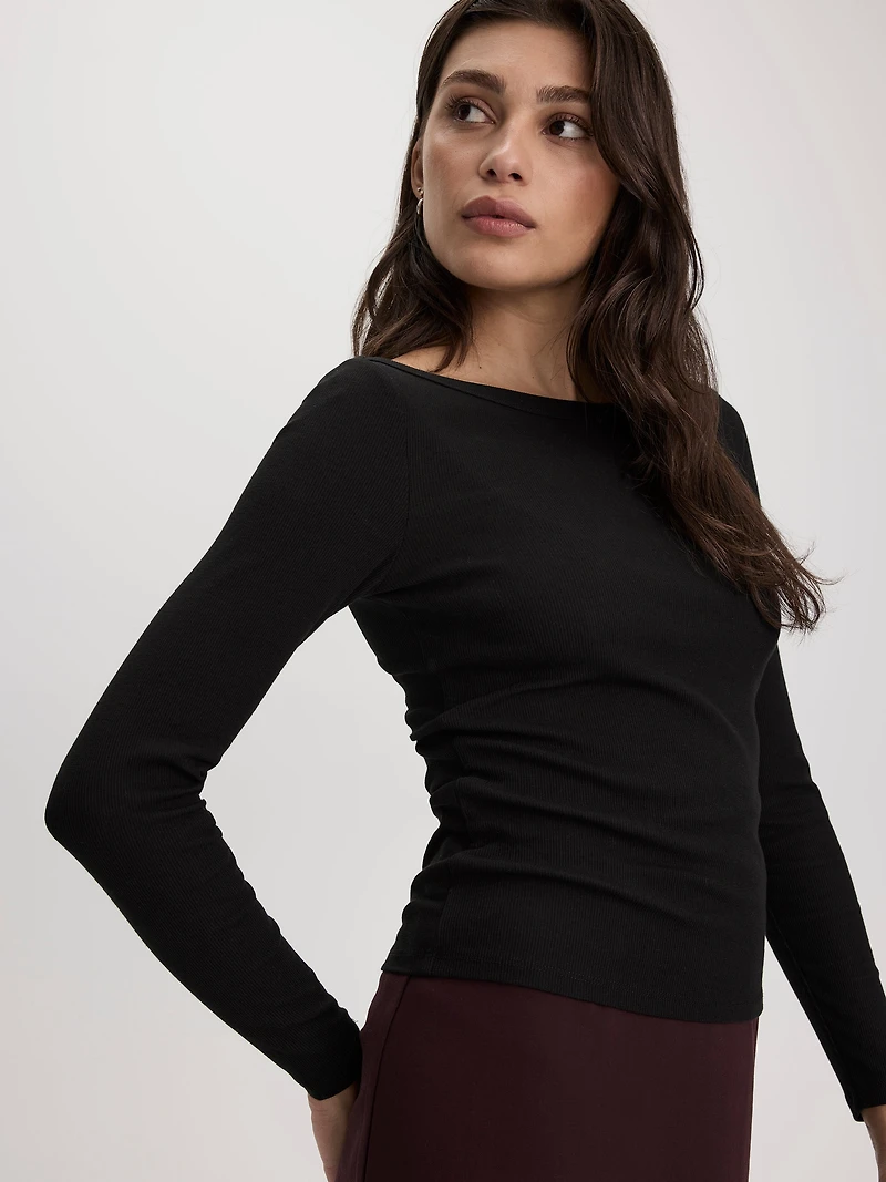 Long-Sleeve Boat-Neck Ribbed Top