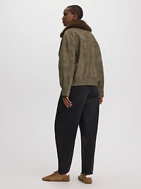 Faux Suede Bomber Jacket with Leather Collar