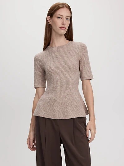 Pull à manches aux coudes et col rond en mailles demi-cardigan