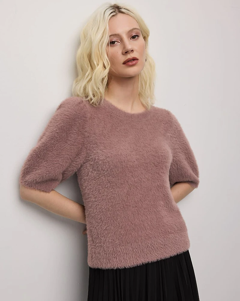 Short-Sleeve Crew-Neck Feather-Yarn Pullover