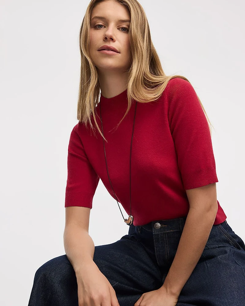 Elbow-Sleeve Mock-Neck Top