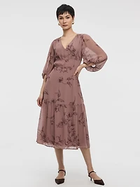 V-Neck Empire Midi Dress with Sheer Sleeves