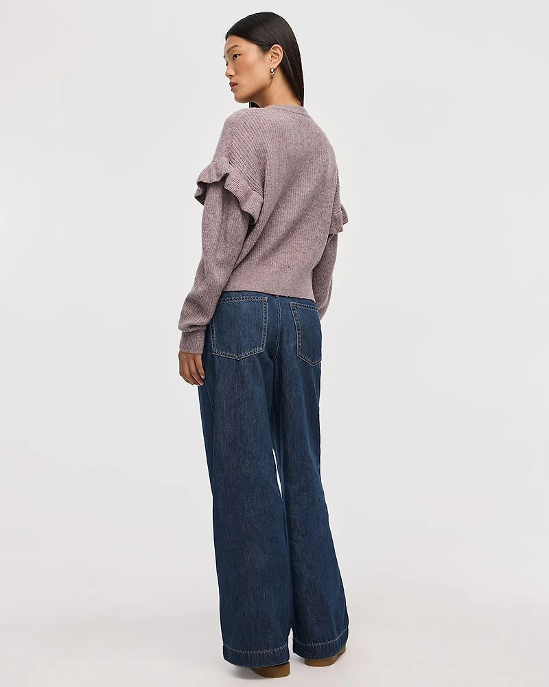 Long-Sleeve Crew-Neck Sweater with Ruffles