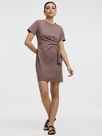 Short-Sleeve Fitted Dress with Knot Detail