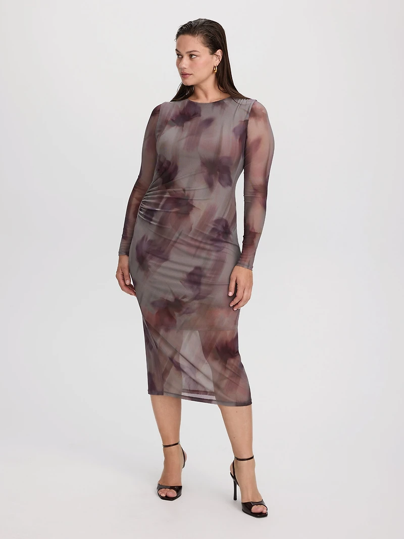 Long-Sleeve Mesh Midi Dress with Side Shirrings