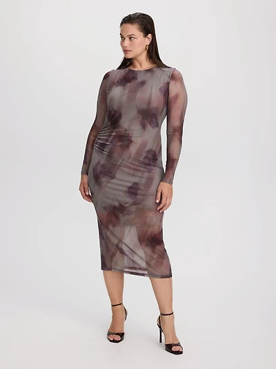 Long-Sleeve Mesh Midi Dress with Side Shirrings
