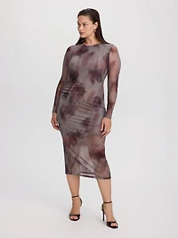 Long-Sleeve Mesh Midi Dress with Side Shirrings