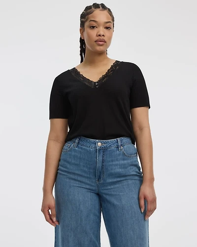 Short-Sleeve V-Neck Tee with Lace Trim