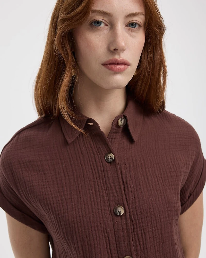 Short-Sleeve Buttoned-Down Dress with Shirt Collar