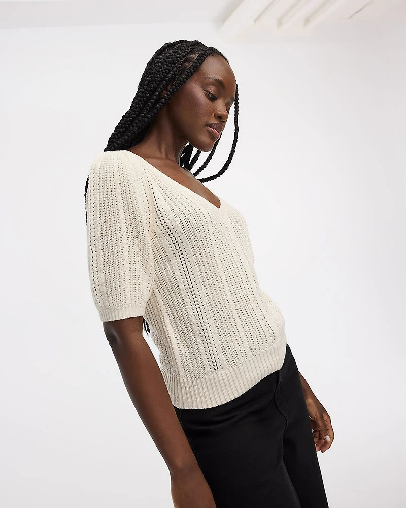 Puffy-Elbow-Sleeve V-Neck Sweater