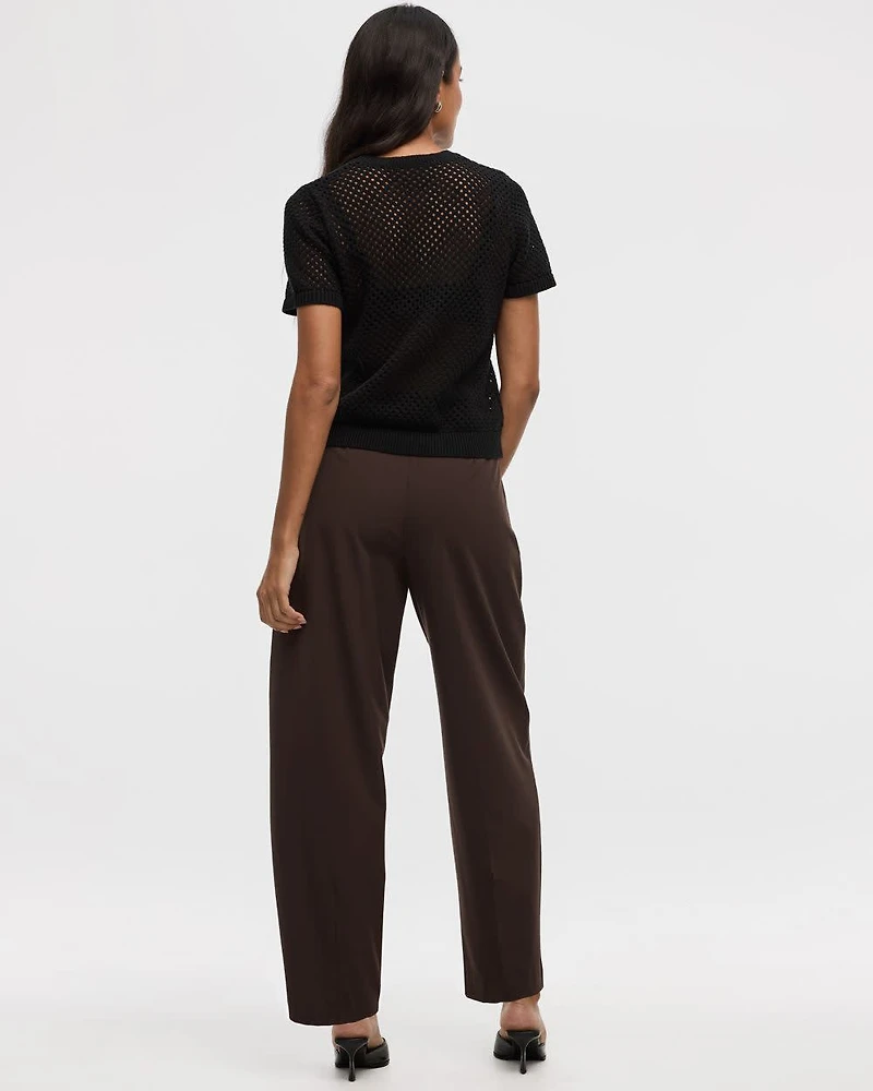 Short-Sleeve Crew-Neck Open-Stitch Pullover