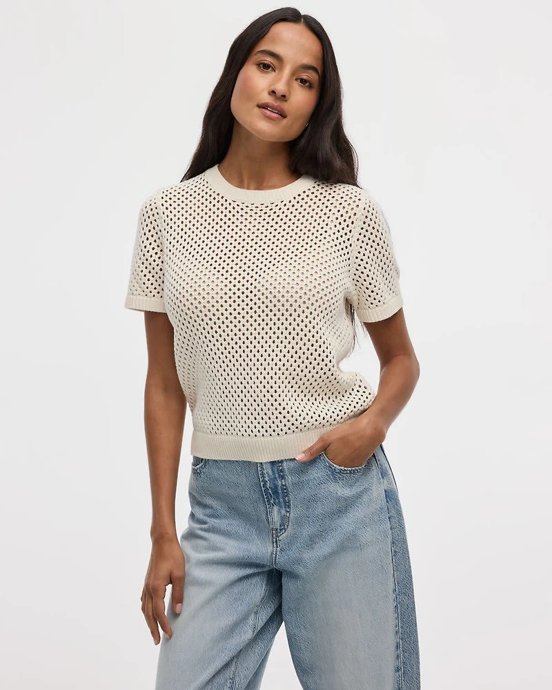 Short-Sleeve Crew-Neck Open-Stitch Pullover