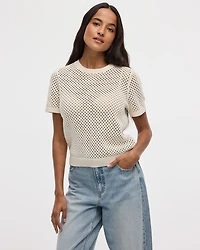 Short-Sleeve Crew-Neck Open-Stitch Pullover
