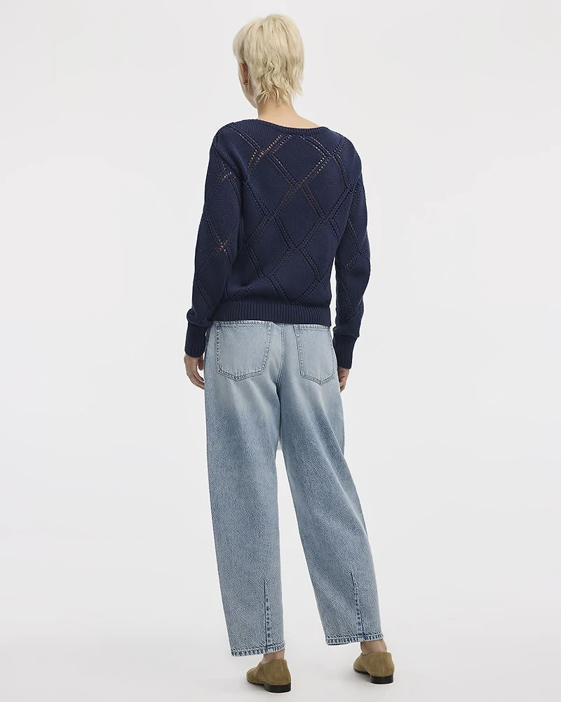 Long-Sleeve Boat-Neck Pullover with Open-Stitch Pattern